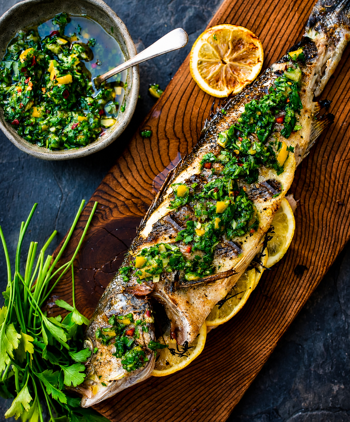 Whole grilled branzino plated at Brick Bistro
