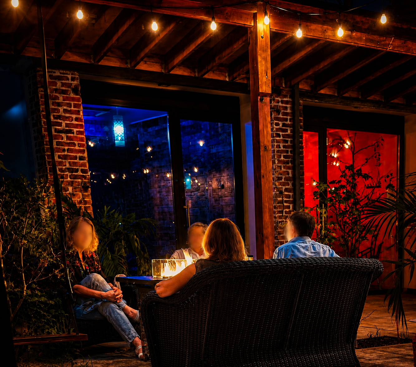 Guests relaxing by the firepit lounge at Brick Bistro's courtyard