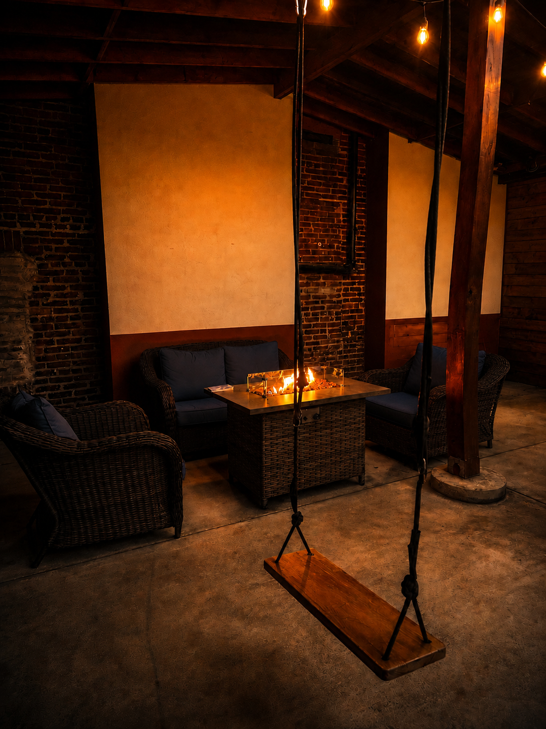 Brick Bistro covered courtyard lounge with firepit, swing, and string lights